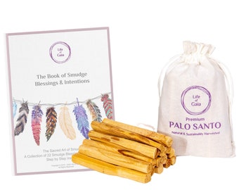 Authentic Palo Santo Sticks with Smudge Prayer Book - Set of 15 in Pure Cotton Drawstring Pouch