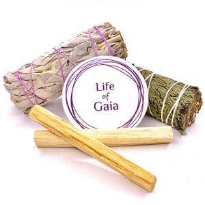 SACRED SMUDGE TRIO - 1 White Sage Smudge Stick, 2 Palo Santo Sticks & 1 Fragrant Cedar Smudge Stick + Step by Step Instructions for Smudging