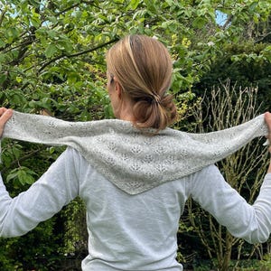 Könnte beinhalten: Ein hellgrauer Strickschal mit einem zarten Lochmuster. Der Schal ist dreieckig und wird hochgehalten, um sein Design zu präsentieren. Der Hintergrund zeigt grünes Laub.