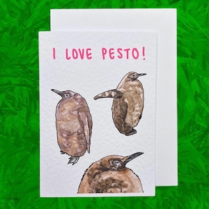J'aime le pesto | Pesto le pingouin | Carte de voeux artisanale