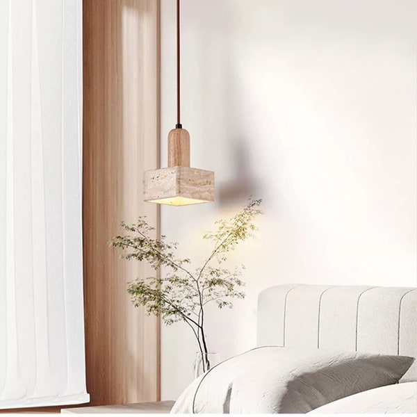 Led Pendant Lamp - Square Stone Chandelier - Bedroom Lamp - Cream Style Solid Lamp - Wood Retro Light For Living Room