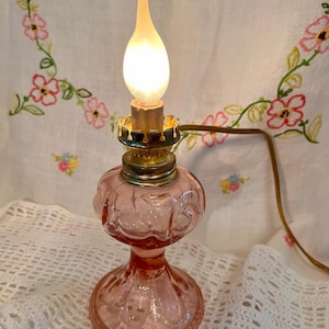 Pink Depression Glass Small Lamp ~ Oil Converted to Electric ~ Pristine
