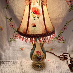Vintage Deena China 22 Karat Gold Lamp + Shade ~ Adorable! Hand Painted & Hand Beaded