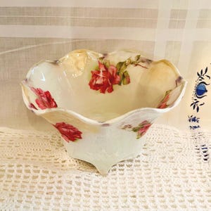 Antique Porcelain Footed Bowl: Hand-Painted Red Roses, Bavarian Style