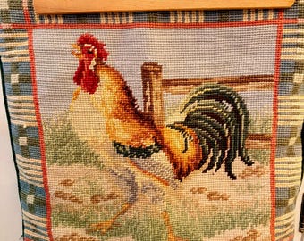 Vintage Needlepoint Rooster Pillow Cover