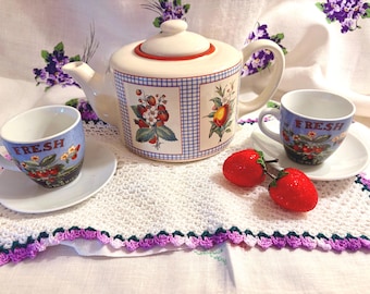 Hawthorne Manor Tea Pot ~ Hallmark ~ Set of Two Cups & Saucers ~ Fruit Design