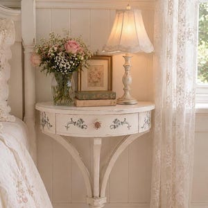 May include: A white wall-mounted semi-circular console table with a single drawer featuring floral painted details and a decorative knob. The table supports a glass vase with pink roses and baby's breath, two stacked books, and a lamp with a fabric shade.