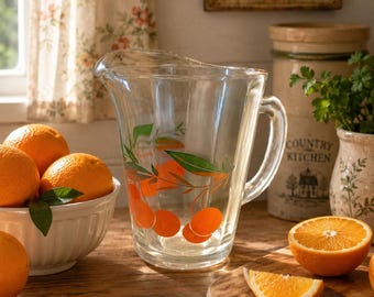 Vintage Heavy Small Glass Pitcher with Oranges