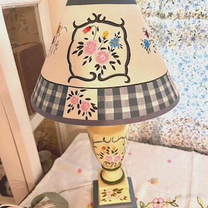 Vintage Hand-Painted Floral Table Lamp with Paper Shade