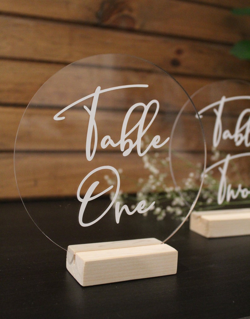 6 Circle Acrylic Table Numbers with Wooden Base. Wedding ...