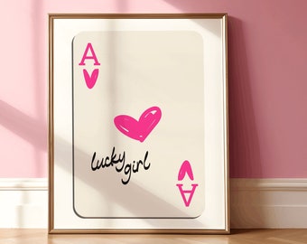 Síndrome de la Chica Afortunada, As de Corazones, Póster de la Chica Afortunada con As, Rosa Fucsia, Estampado Moderno de As de Corazones, Impresión Digital, Póster de la Chica Afortunada