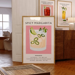 Wydruk koktajlu Spicy Margarita | Dekoracja wózka barowego | Plakat ze sztuką koktajlową | Wydruki na samochód barowy | Modna dekoracja ścienna | Sztuka Margarita | Pobieranie cyfrowe