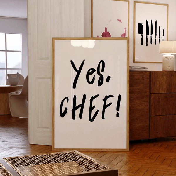 Yes Chef Poster Print | Cute Kitchen Wall Art | Typography Print | Mid Century Modern | Gift For Chef | Minimalistic Kitchen Print