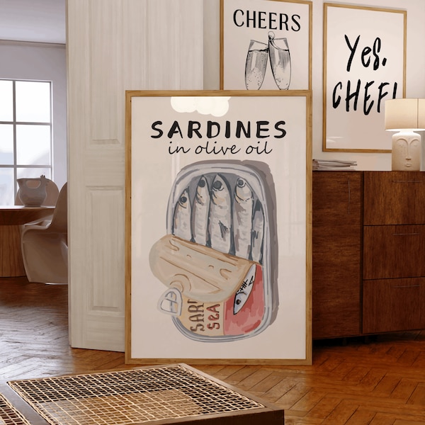 Sardines Tin Print, Retro Hand Drawn Sardine Poster, Sardine Fish Art, Fish Wall Art, Seafood Print, Vintage Kitchen Poster