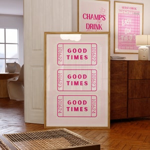Good Times Ticket Art Print Roze witte muurkunst Digitale prints Retro Bar Cart Decor Preppy Art Trendy Wall Art Prints