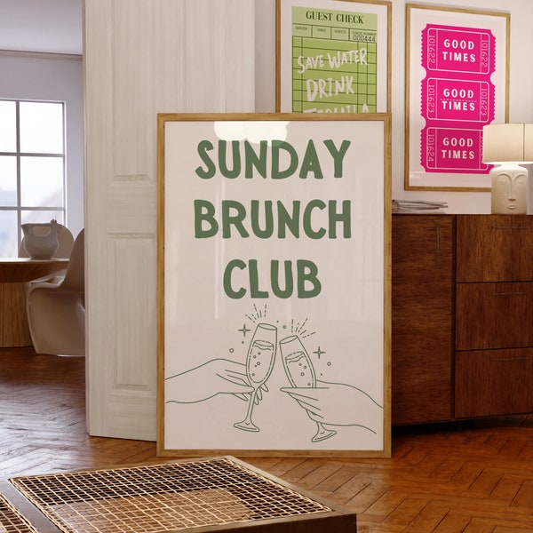 Brunch Club Wall Art, Sunday Brunch Kitchen Print, Mimosa Poster, Champagne Glasses, Clink Click, Sunday Brunch Social Club, Sage Green