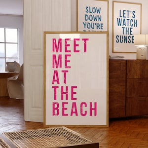 Meet Me At The Beach Printable, Trendy Coastal Art, Hot Pink Typography Poster Beach House Decor Ocean Wall Art Girly Print, Coastal Cowgirl
