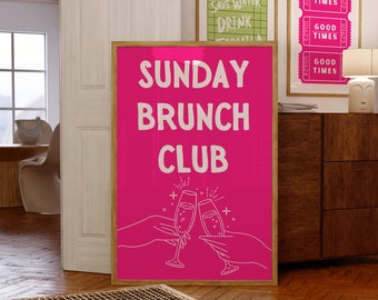 Brunch Club Wall Art, Sunday Brunch Kitchen Print, Mimosa Poster, Hot Pink Champagne Glasses, Clink Click, Sunday Brunch Social Club