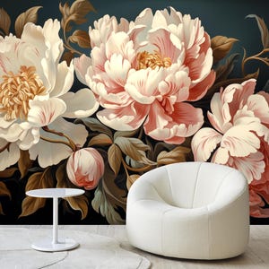 Papier peint vintage pivoines blanches, décoration murale grandes fleurs, décoration florale sombre, art mural pivoine rose doux, papiers peints vintage belles fleurs