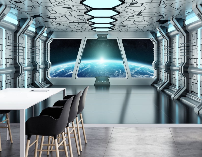 Space Wallpaper Spaceship Wall Mural Space Decor Fantastic Etsy