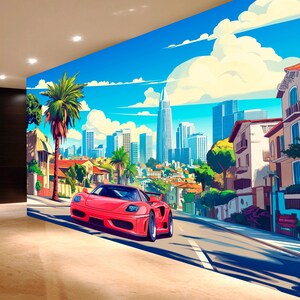 Red racing car Wallpaper, Races Art, Sports car Wallpaper, Big City decor, Wallpaper for boy, Bright cartoon mural, Speed machine wall decor