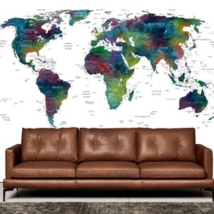 Aquarel kaart van de wereld behang, wereldkaart kunst aan de muur, alle landen behang, veelkleurige wereldkaart muurschildering print