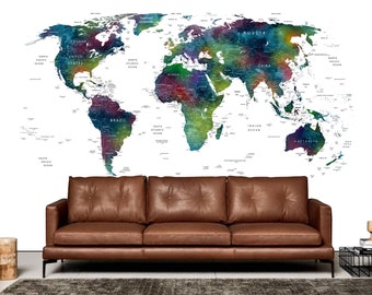 Papel tapiz de mapa del mundo en acuarela: Mural autoadhesivo