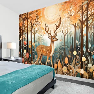 Magical forest Wallpaper, Fairy tale forest Wall Art, Cartoon forest Wallpaper, reindeer wallpaper kids mural print, boho forest wall art