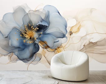 Blue Transparent Watercolor Flowers Wallpaper, Large Abstract Floral Wall Mural, Modern Luxury Botanical Wall Art, Elegant Statement Decor