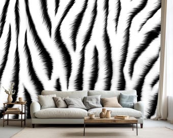Zebra Print Wallpaper Mural – Modern Black and White Striped Wall Decor – Animal Print Peel and Stick or Traditional Paste Wallcovering