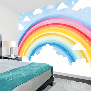 Papel tapiz de arcoíris con dibujos de acuarela, mural de arcoíris, decoración de calcomanías de pared para niñas, calcomanía de pared para habitación de bebé, papel tapiz de arcoíris para habitación de niños