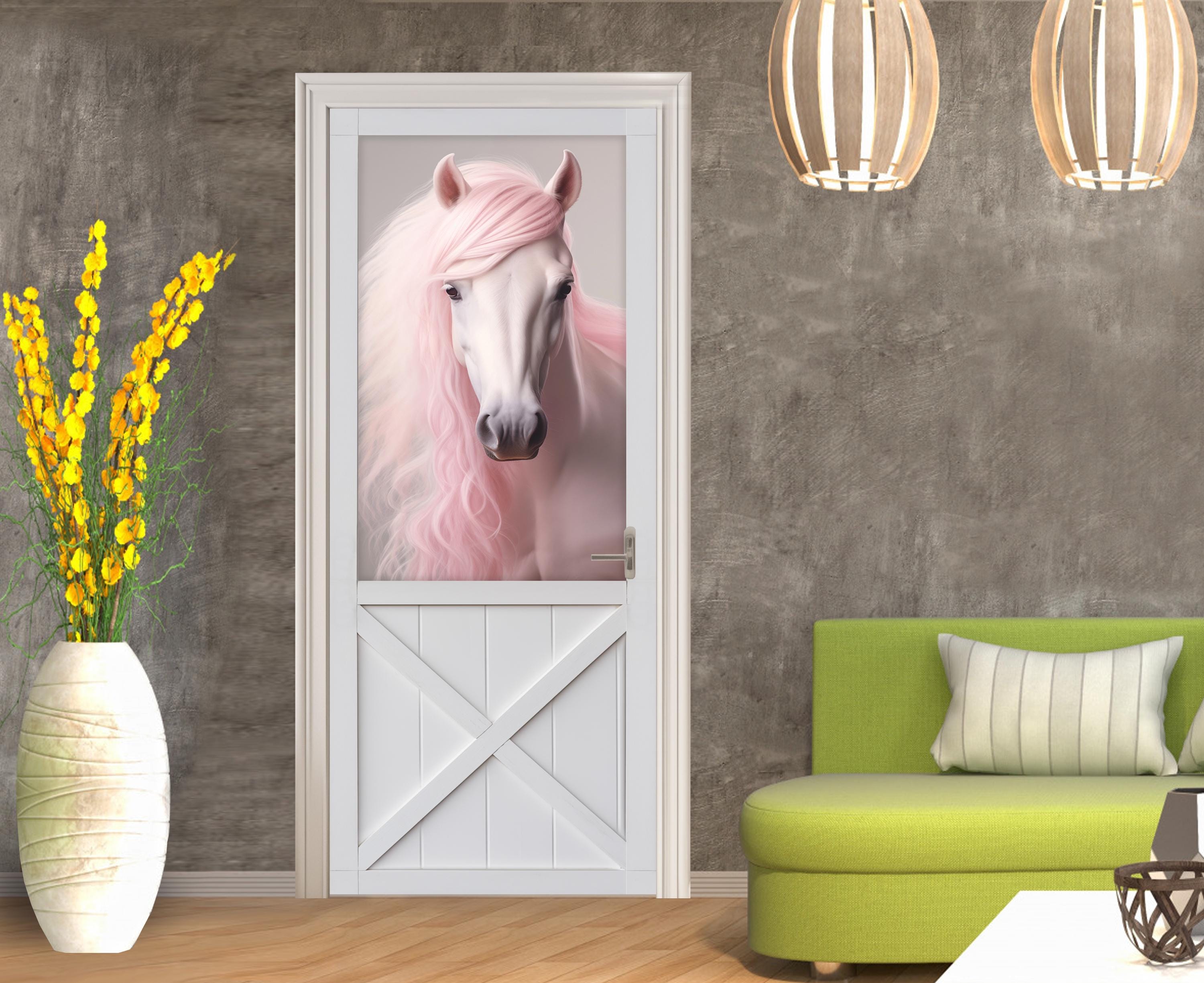 Pink Horse in White Stall Door Sticker, Horse Self-adhesive, Horse Peel ...
