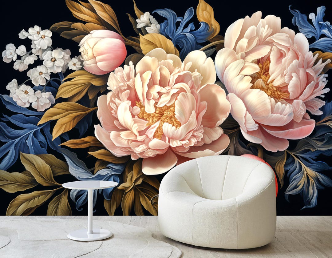 Vintage Peonies Wallpaper Mural: Dark Floral Wall Art - Etsy