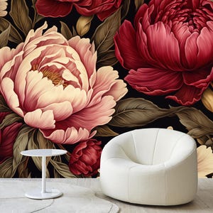 Carta da parati rosa bordeaux con peonie, murale con grandi fiori, decorazione floreale scura, carta da parati con morbida rosa e peonia, sfondi vintage con bellissimi fiori