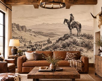 Papel pintado abstracto de vaquero del oeste, mural de pared de arreo de ganado, decoración rústica de granja, arte de pared vintage del oeste americano.