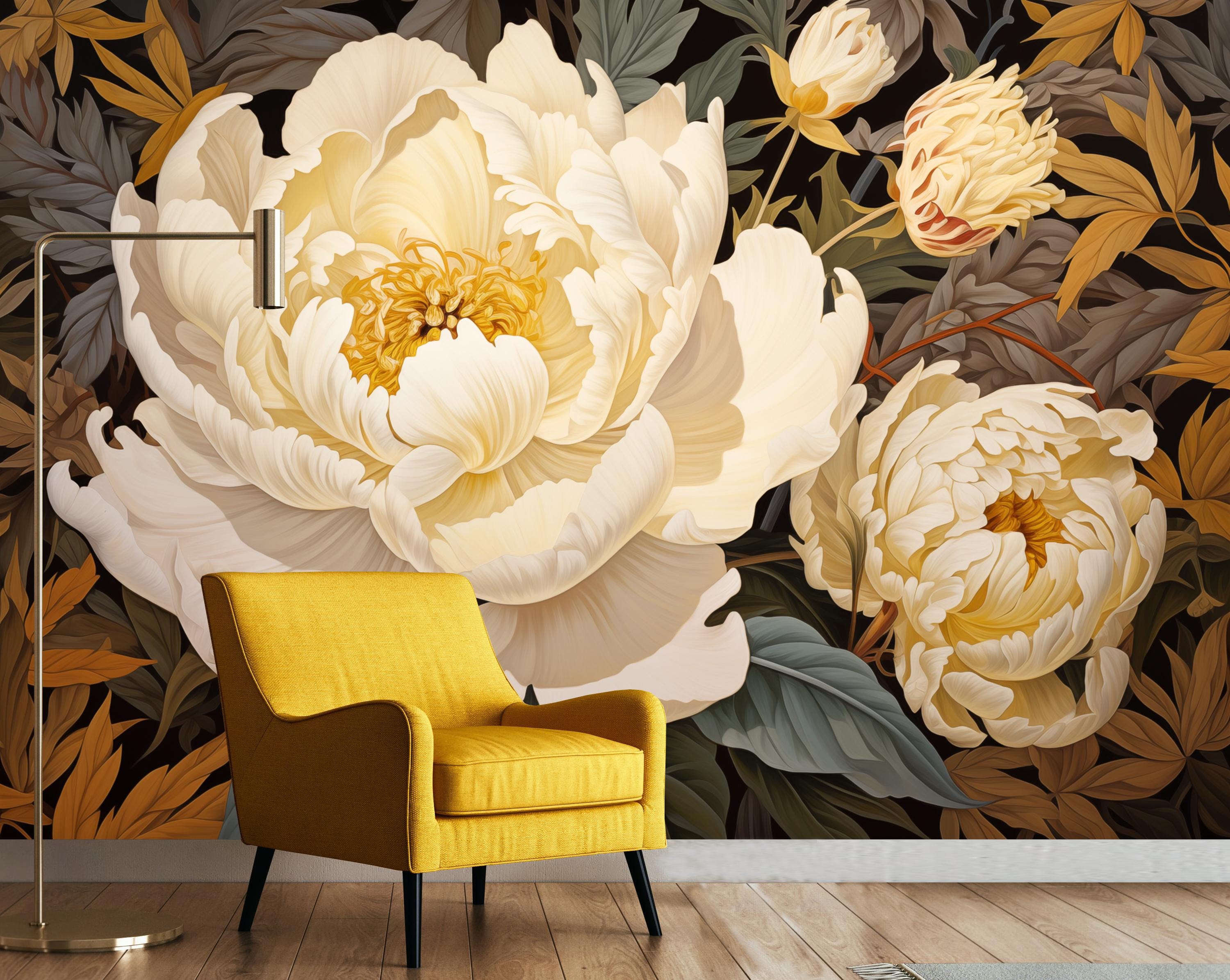 White Peonies Wallpaper Mural: Vintage Floral Wall Art - Etsy