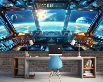 Futuristic Space Wall Mural, Spaceship Cockpit Wallpaper, Sci-Fi Office Decor, Galaxy Wall Art, Peel and Stick or Vinyl Wallpaper