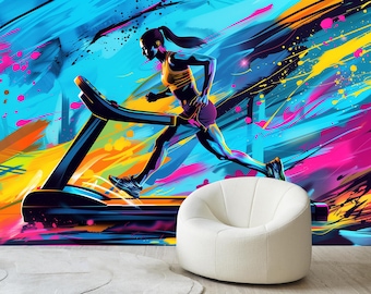 Gym Mural, Running Woman Graffiti Wallpaper, Fitness Wall Art, Neon Sport Decor, Peel and Stick or Vinyl Wallpaper