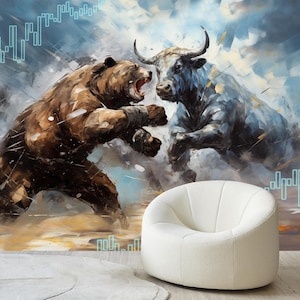 Bull and Bear Stock Market Wallpaper, Broker artwork wall, Stock exchange mural, Trader decor, Abstraction wallpaper print, bull bear fight