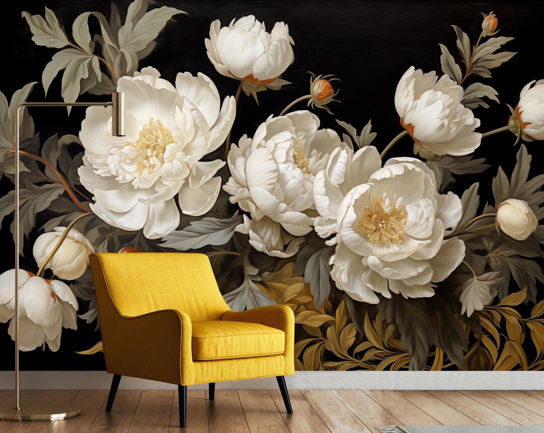 Large White Peonies Wallpaper: Dark Floral Wall Mural, Soft Peony Decor ...