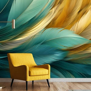 Wallpaper with feathers, featuring blue and green colors, and golden lines, delicate feathers mural, feathers wall decor, bedroom wallpaper