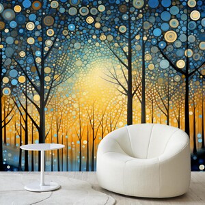 Floral Forest Watercolor Wallpaper, Fairy tale forest Wall Art, Forest lights Wallpaper, moon artwork landscape mural print, Botanical art