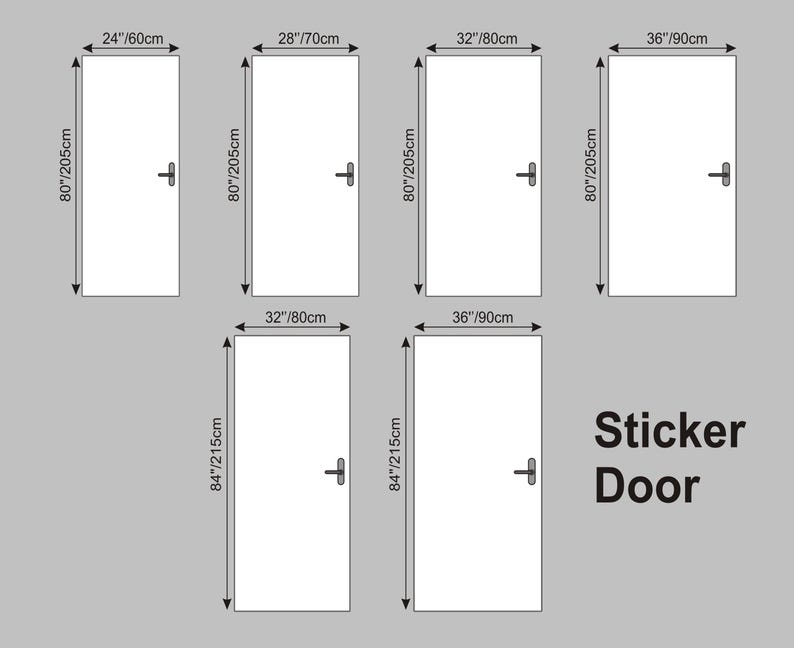 May include: A set of six door sticker templates in various sizes, ranging from 24 inches to 84 inches in height. The stickers are designed to look like real doors with a simple handle.