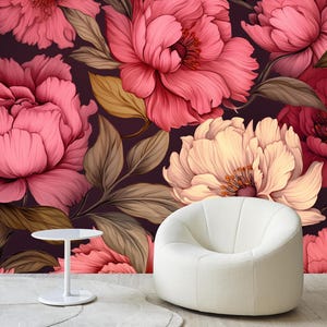 Carta da parati rosa bordeaux con peonie, murale con grandi fiori, decorazione floreale scura, carta da parati con morbida rosa e peonia, sfondi vintage con bellissimi fiori