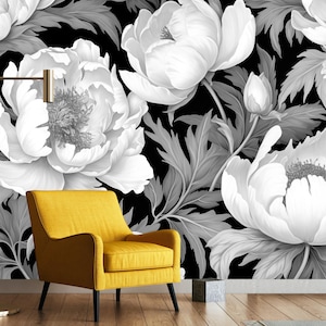 Papel tapiz vintage de peonías blancas y negras, mural de pared de flores grandes, decoración floral oscura, arte de pared de peonías suaves, papel tapiz de flores vintage