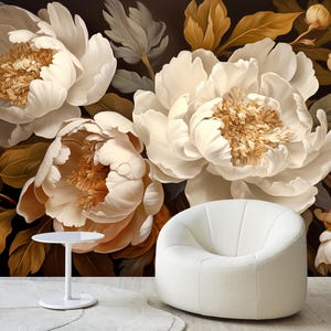 Papier peint vintage pivoines blanches, décoration murale grandes fleurs, décoration florale sombre, art mural pivoine douce, papiers peints vintage belles fleurs