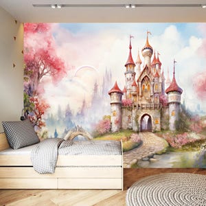 Fondo de pantalla de castillo de dibujos animados para niños, mural de pared con dibujo de castillo en acuarela, arte de pared con castillo de cuento de hadas suave, castillo mágico rosa
