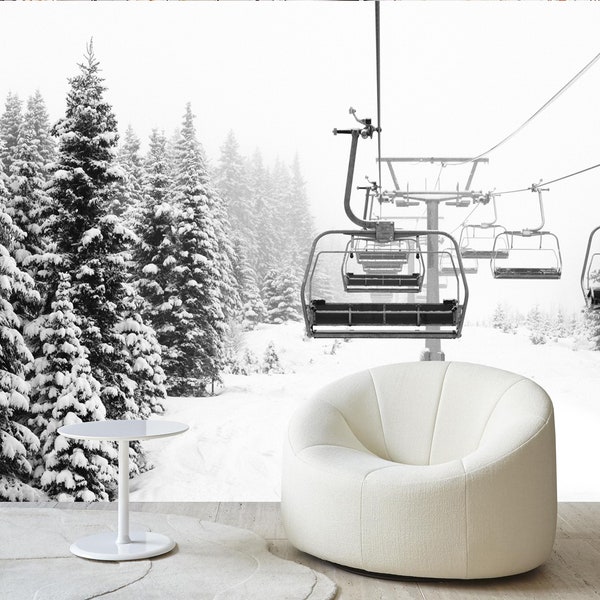 Ski Lift Wallpaper, Snow Mountain Wall Art, Winter Sports Wallpaper, Winter landscape mural print