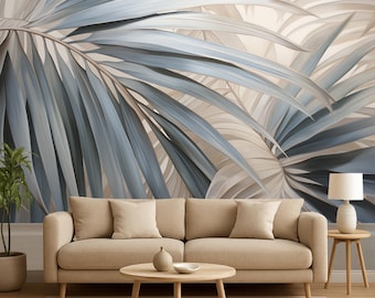 Modern neutral palmbladstapet | Skalbar eller traditionell tapet med lim | Tropisk beigeblå väggmålning | Minimalistisk botanisk inredning
