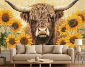 Murale con mucca delle Highlands / Carta da parati con girasoli in stile rustico / Decorazione murale rustica con mucca / Murale per casa di campagna / Arte murale in stile rustico
